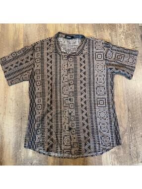 Men's Jogal Aztec Coachella Geometric Pattern Shirt - Black and brown large